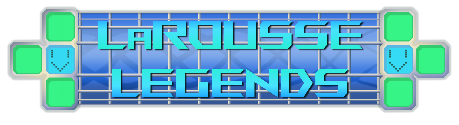 a logo for an imaginary sports team named the LaRousse Legends. the logo depicts a series of blue windows connected by silver lining with a double-helix shape visible behind the glass. flanking each side is a robot made of four blocks in a T-shape, with a => face on their main block. blue/green scifi-style text reads 'LaRousse Legends' in front of the glass.